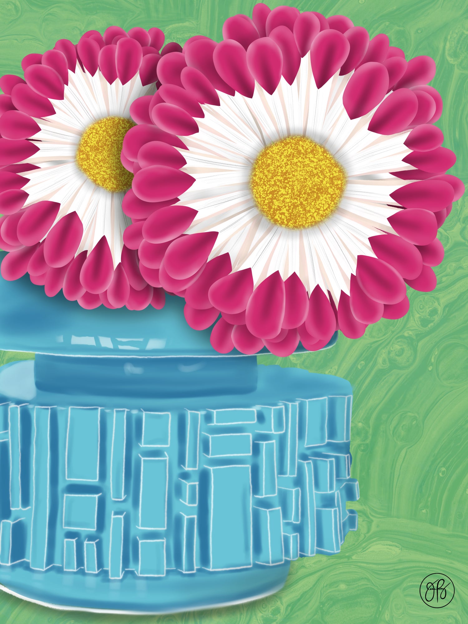 Vibrant painting of chrysanthemums in a blue brutalist pot - titled Mum’s the Word